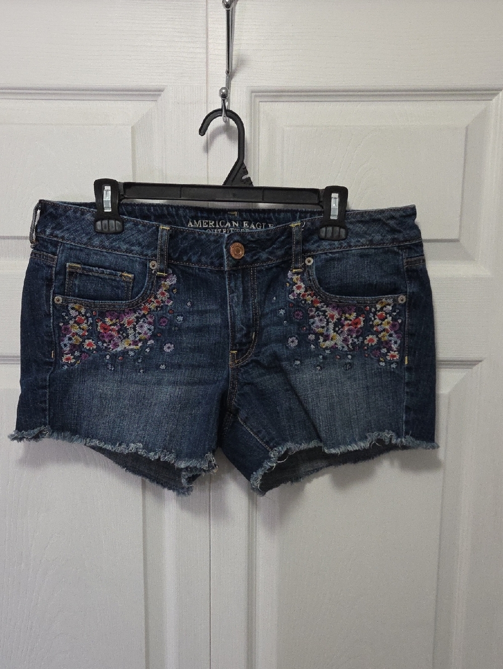 American Eagle Outfitters Size 14 Dark Blue Denim Shorts with Floral Embroidery